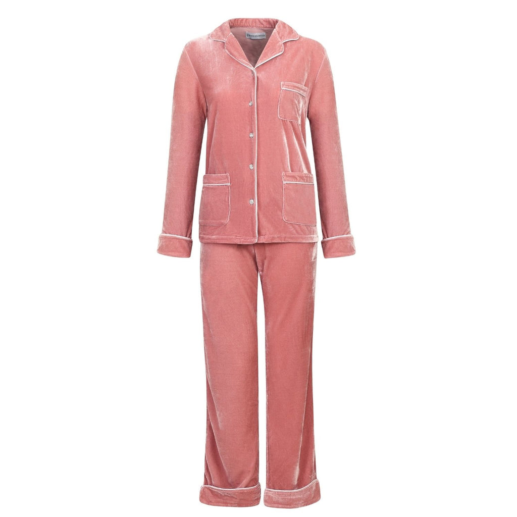 Athena Womens Pink Velvet Pajamas - Front | Bown of London