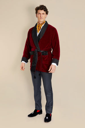 Mens Belgravia Burgundy Short Velvet Smoking Jacket - Model Front | Bown of London